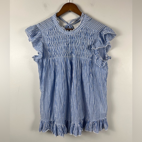 By Anthropologie Uli Ruffled Blouse blue white stripe back tie size large - Picture 3 of 7